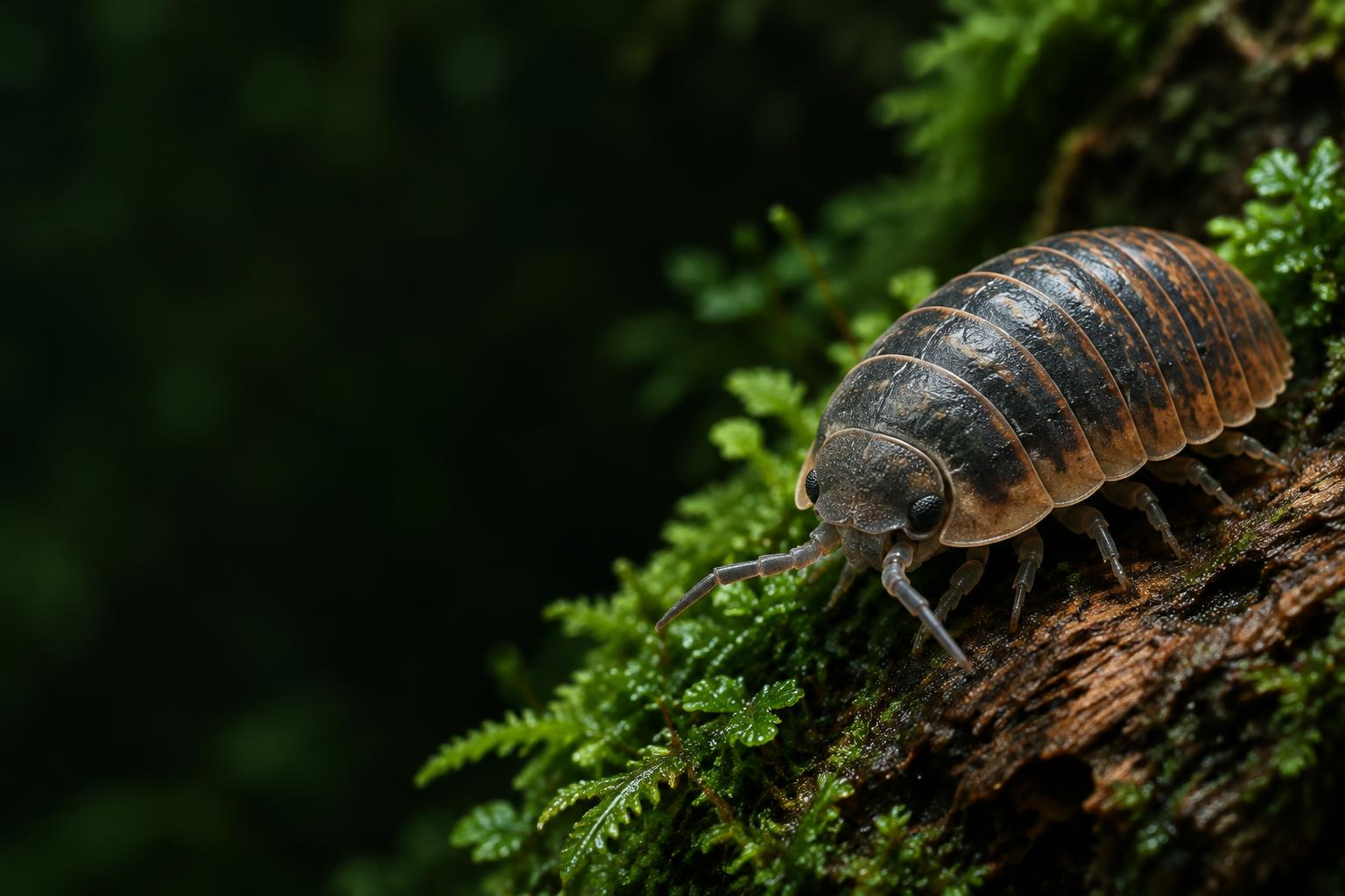A brown and charcoal isopod exploring green moss and woodland bark